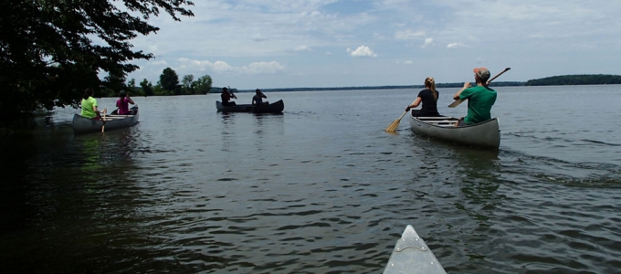 people canoeing on a lake